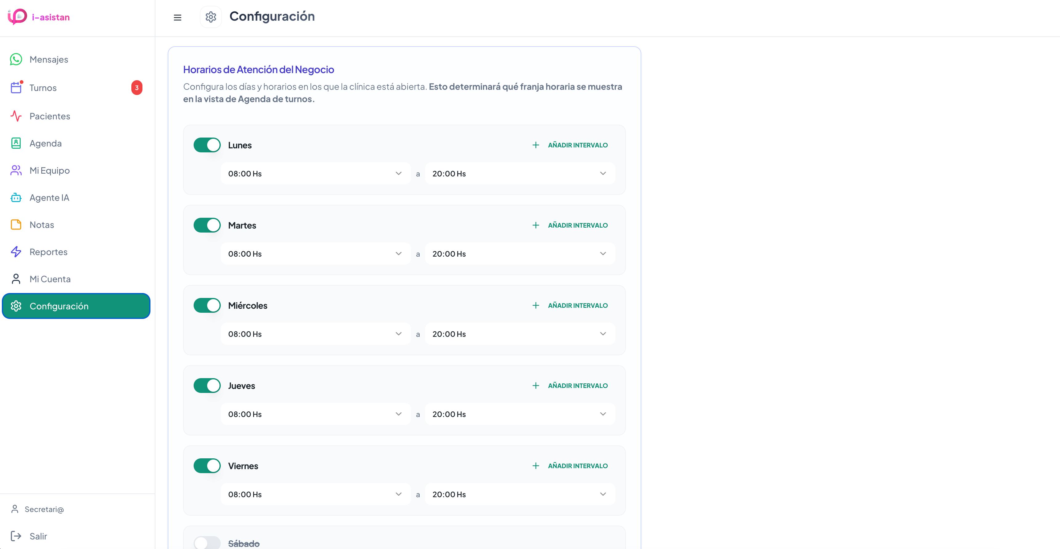 Configuración de Turnos